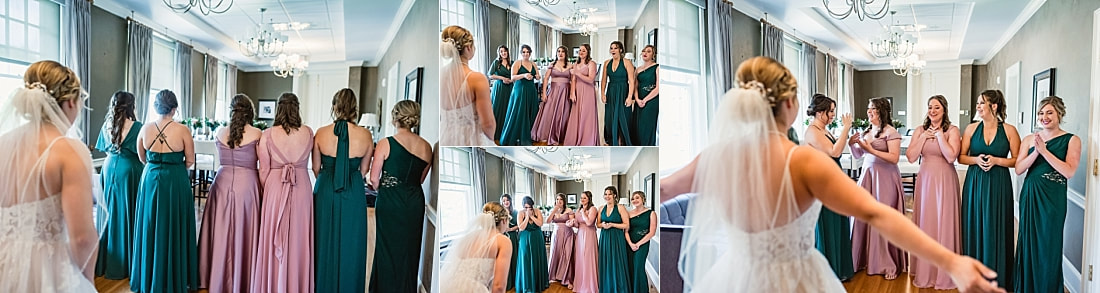 First look with her bridesmaids + Pink Palace Wedding + Memphis, TN