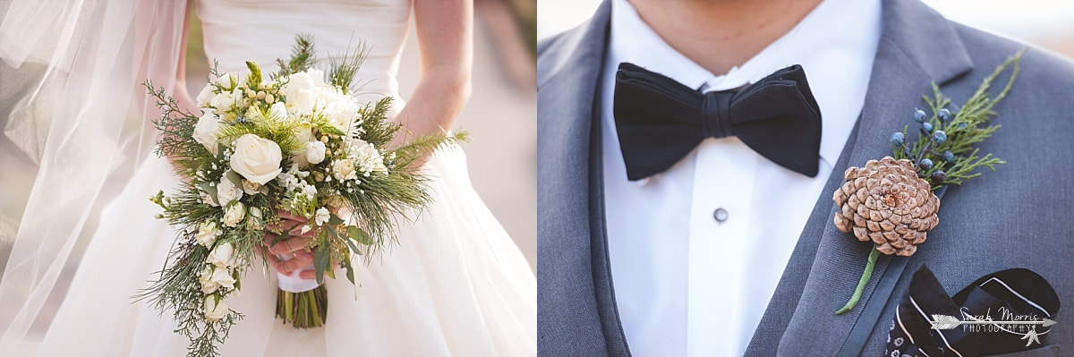 close up of bride's bouquet and groom's boutonnier by rachel's flowers
