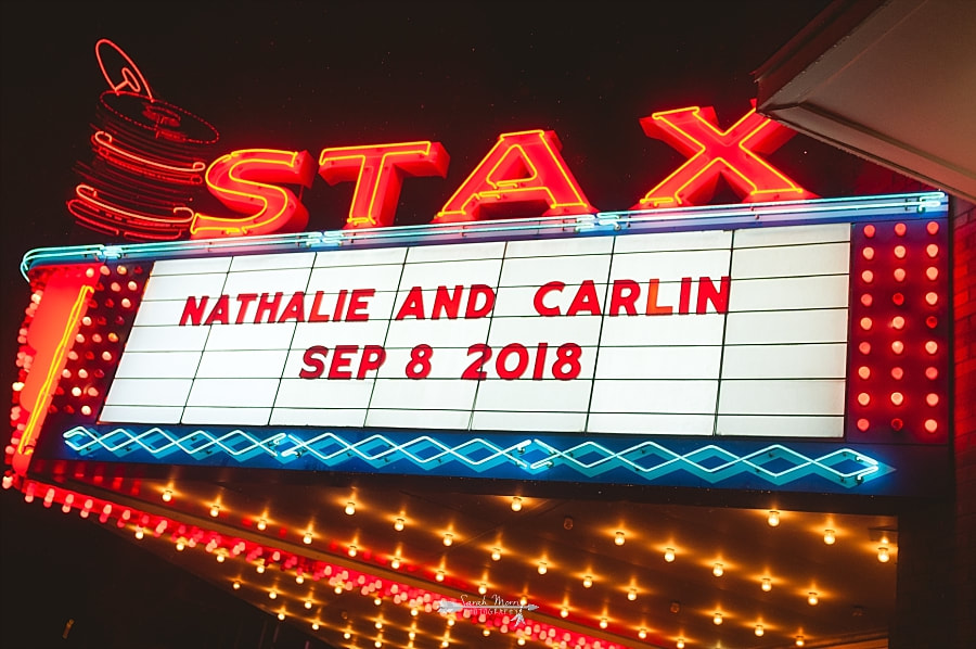Stax Museum marquee with the bride and groom's name and wedding date