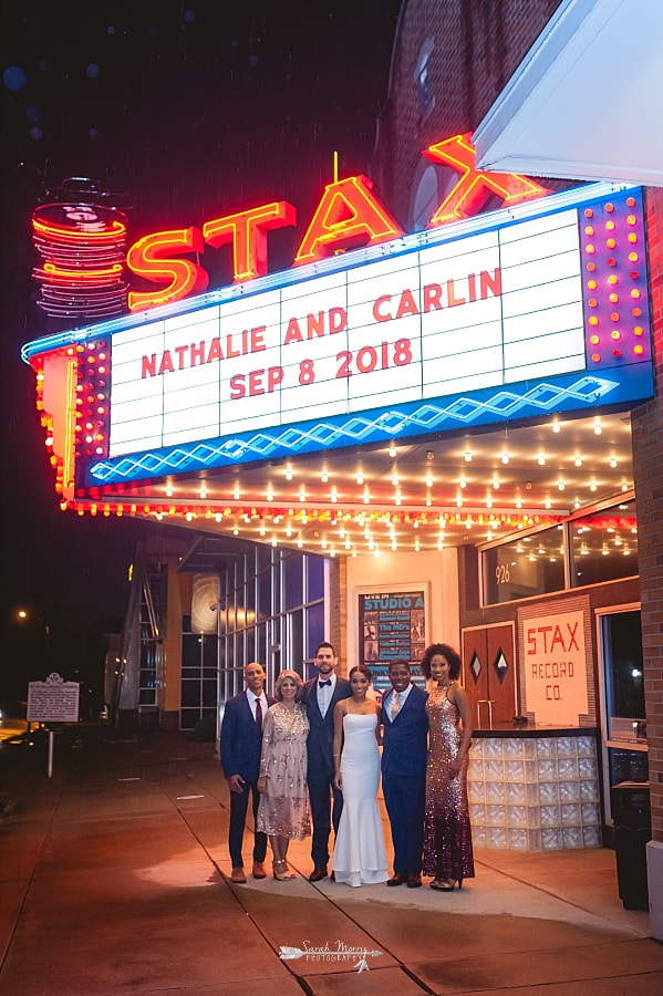 Bride's family under the marquee at the Stax Museum