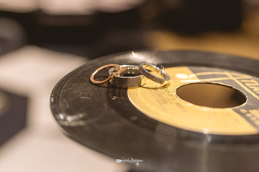 Close up of the finger print wedding rings on a vinyl record at the Stax Museum