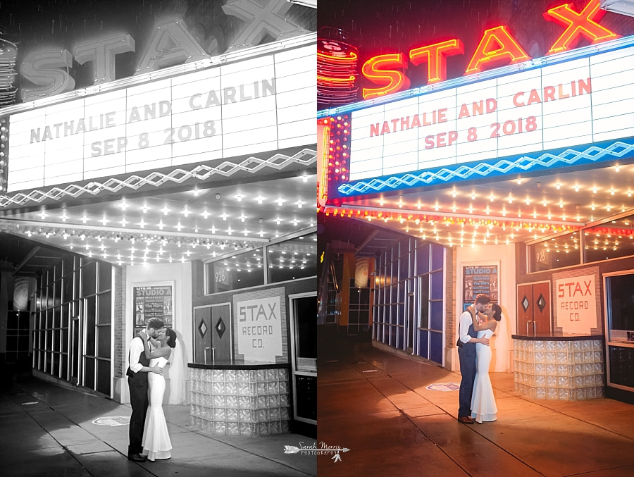 Bride and Groom kissing under the marquee at the Stax Museum