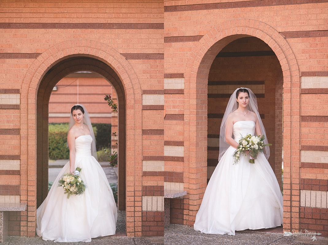 bridal portraits in the courtyard at St. Francis of Assisi Catholic Church