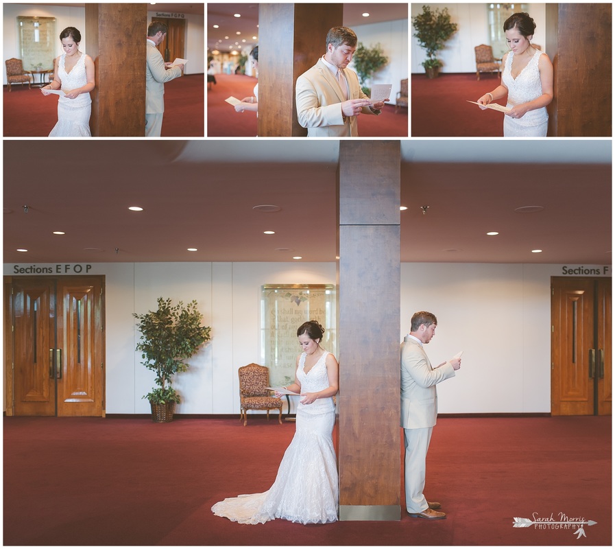 Bride and Groom exchanging letters and praying together in the lobby of Bellevue Baptist Church