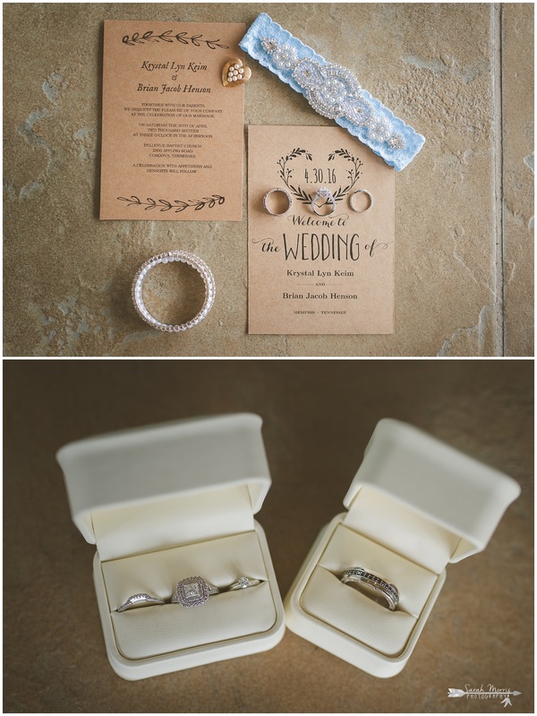 Bellevue Baptist Church wedding details: wedding rings, wedding invitation, wedding garter, etc