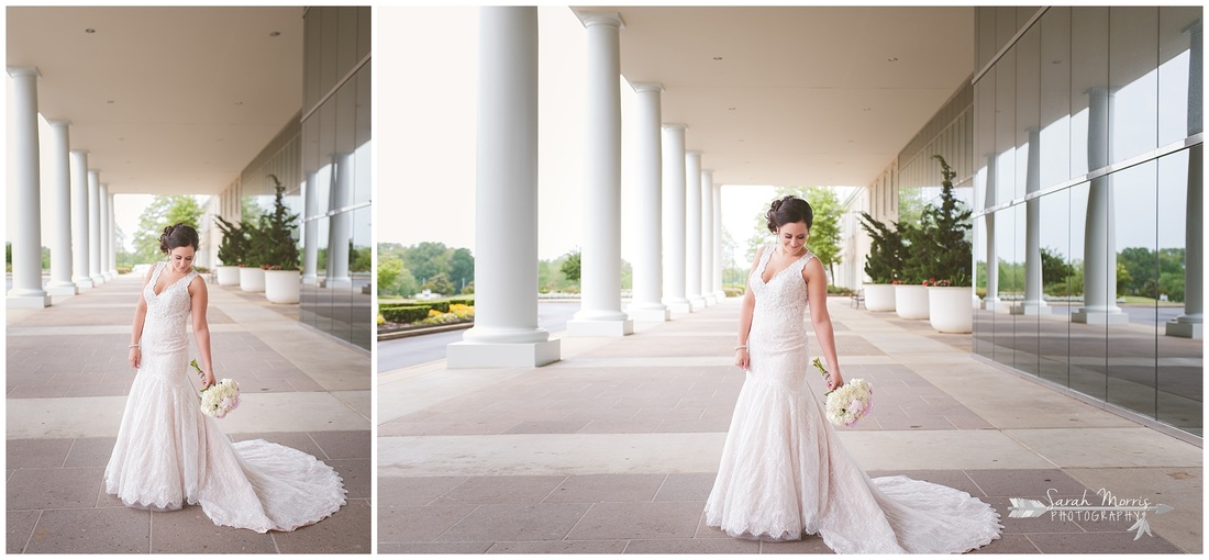 Bridal portraits under the portico at Bellevue Baptist Church