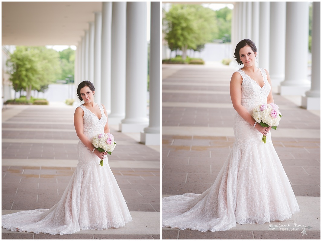 Bridal portraits under the portico at Bellevue Baptist Church