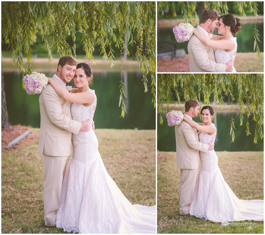 Formal bridal portraits of the bride and groom under a weeping willow tree at Bellevue Baptist Church