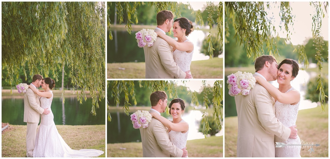 Formal bridal portraits of the bride and groom under a weeping willow tree at Bellevue Baptist Church