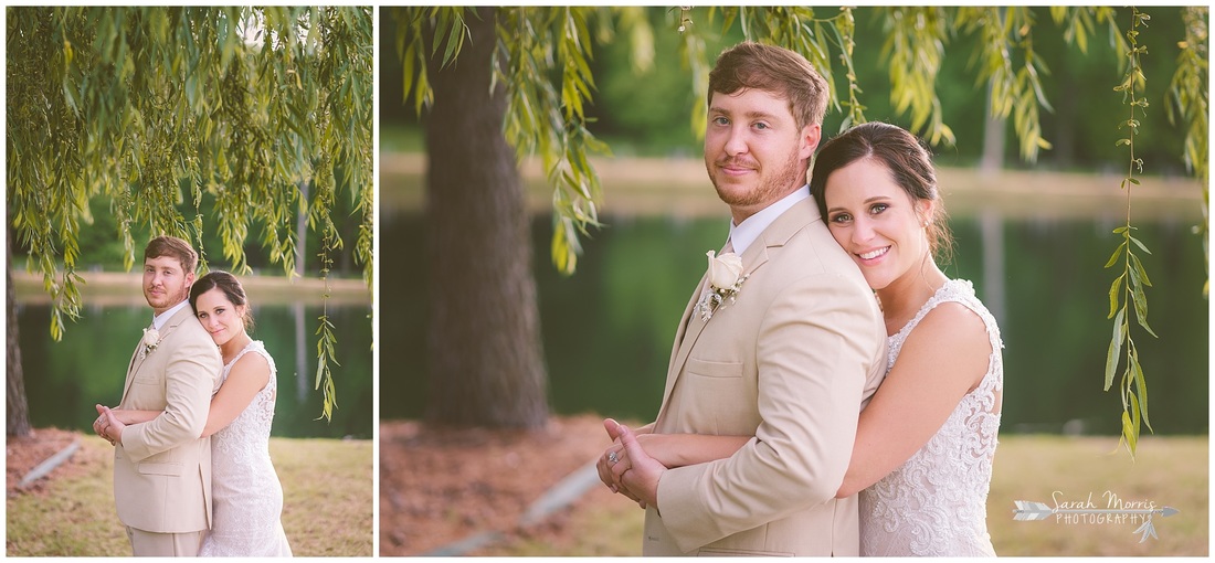 Formal bridal portraits of the bride and groom under a weeping willow tree at Bellevue Baptist Church