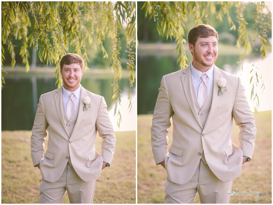 Formal bridal portraits of the bride and groom under a weeping willow tree at Bellevue Baptist Church