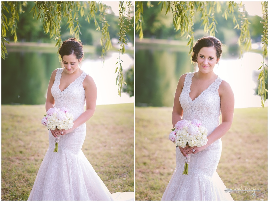 Formal bridal portraits of the bride and groom under a weeping willow tree at Bellevue Baptist Church