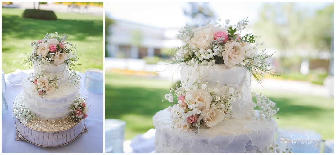 Wedding Cake made by Frost Bake Shop in the courtyard at Bellevue baptist church