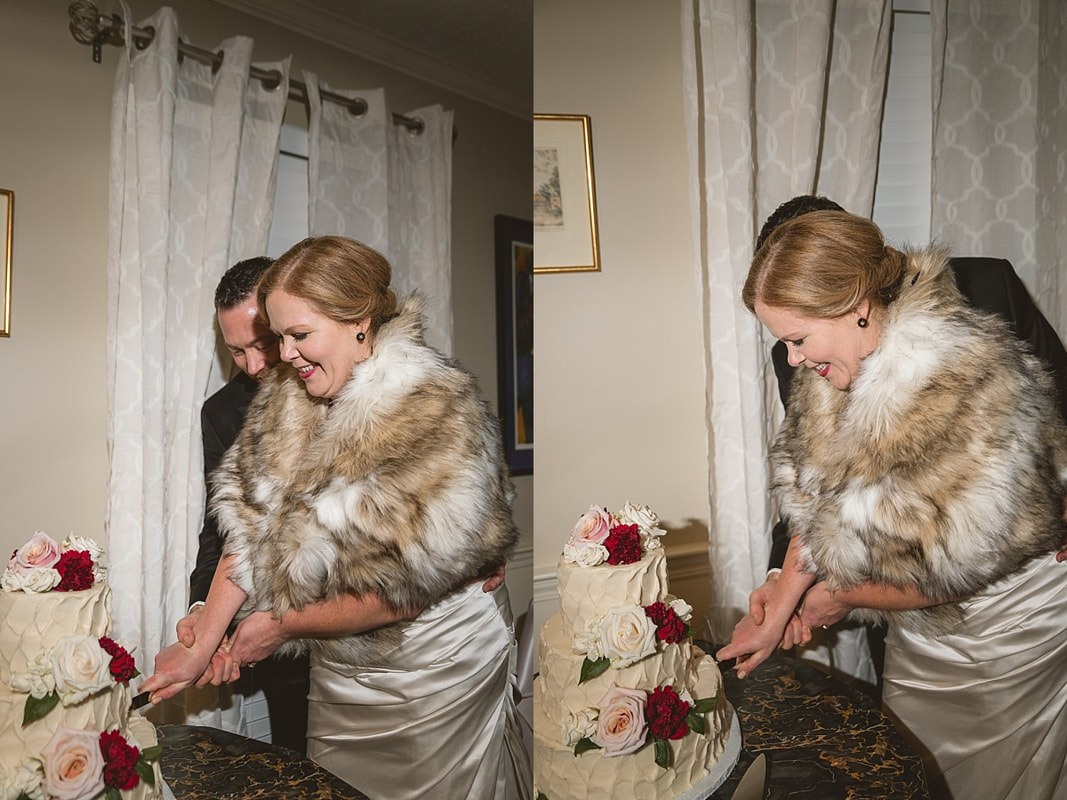 Bride and Groom cutting wedding cake at collierville wedding reception 