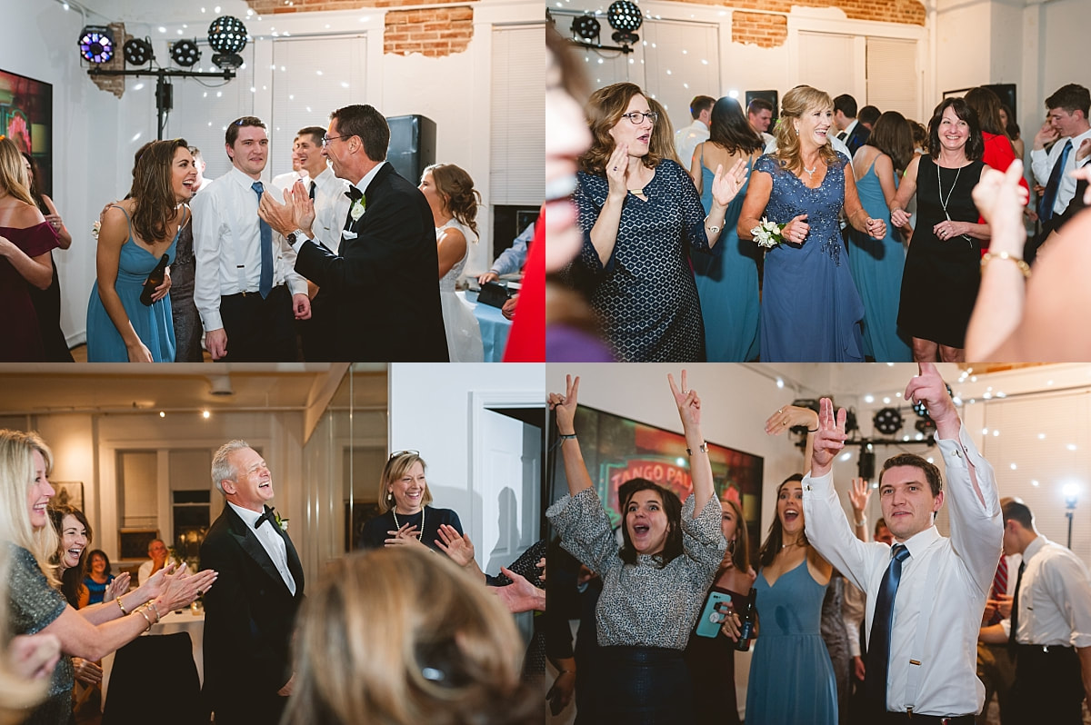 wedding guests dancing at wedding reception at the robinson gallery downtown memphis