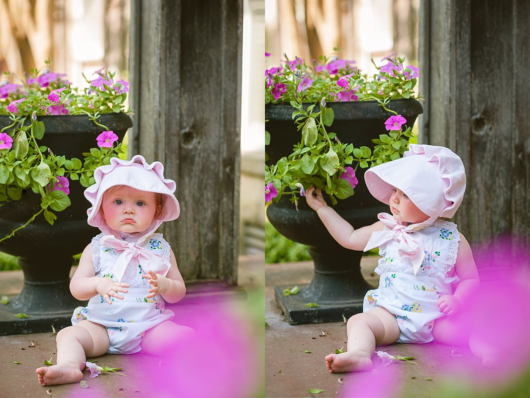 baby girl's first birthday portrait, wearing a monogrammed bubble and Beaufort bonnet on the front porch during in home lifestyle family session in collierville, tn