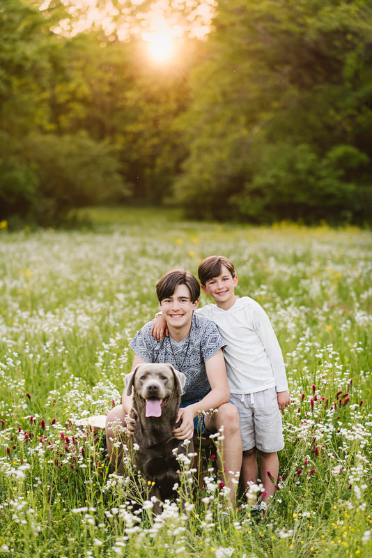 two boys with their silver lab dog in a field of wildflowers in Collierville, TN