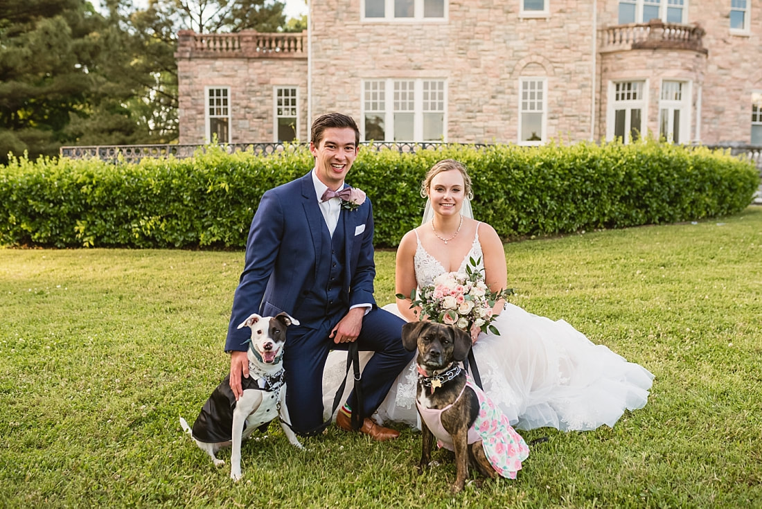 Bride and groom with their dogs in front of the Pink Palace + Pink Palace wedding + Memphis, TN
