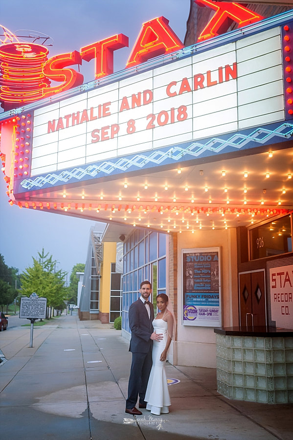 Bride and Groom under the Marquee at their wedding at the Stax Museum