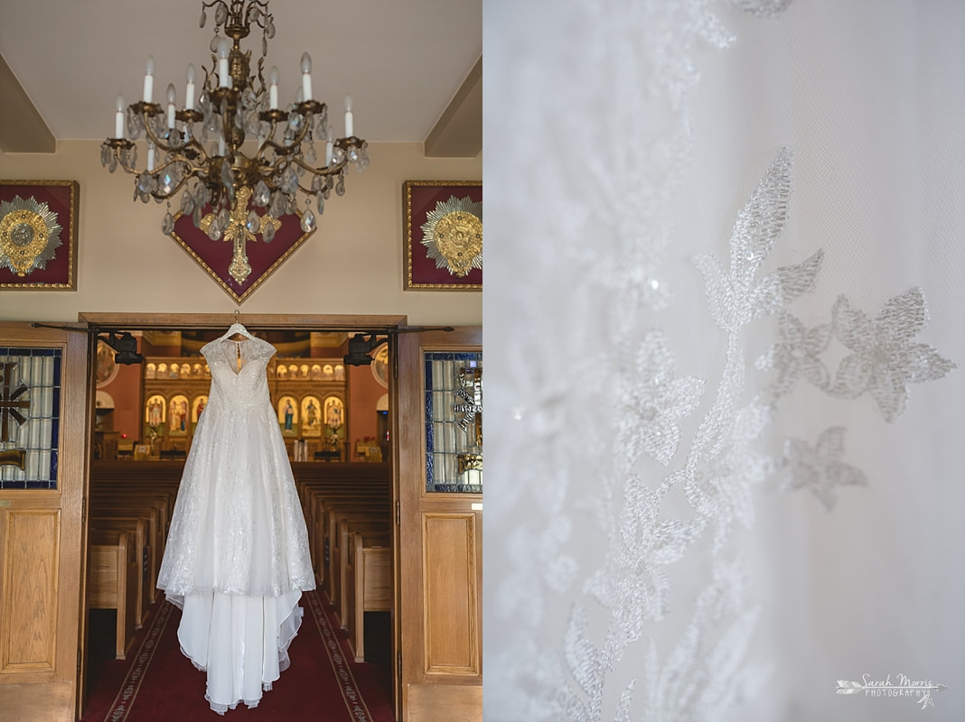 Wedding Dress hanging in the doorway at Annunciation Greek Orthodox Church in Memphis, TN