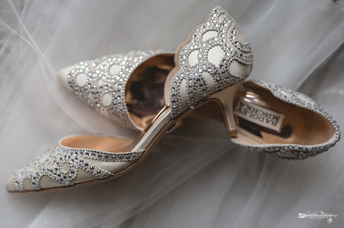 Sparkly wedding shoes on wedding veil at Annunciation Greek Orthodox Church in Memphis, TN