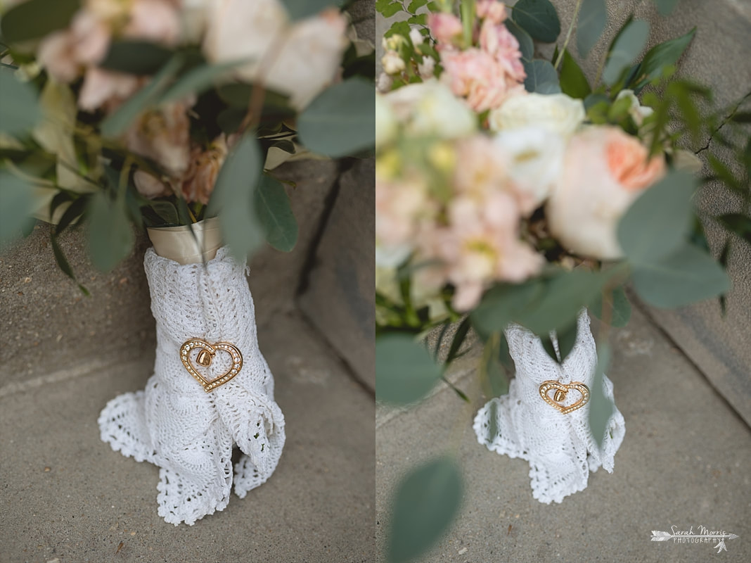 Heirloom doily and pin wrapped around Bridal bouquet, made by Kacie Cooper at Annunciation Greek Orthodox Church in Memphis, TN